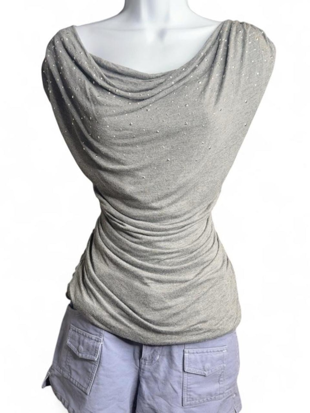 Express Gray Draped Cowl Neck Top with Stud Detail